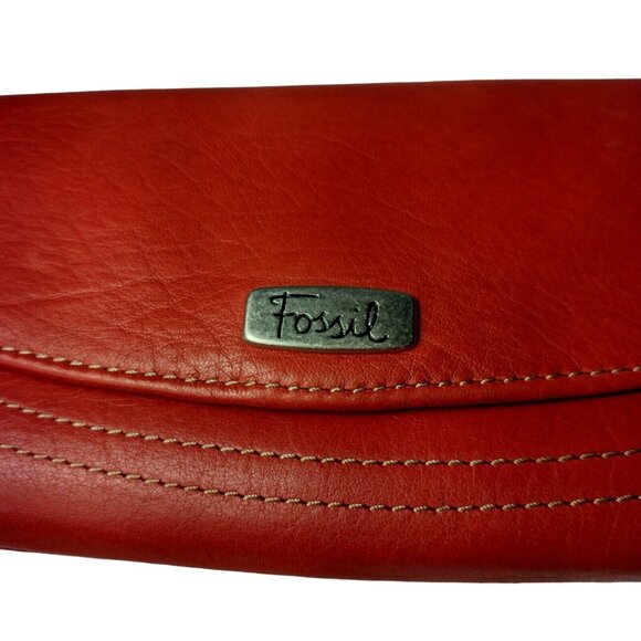 Fossil Genuine Leather Wallet Red Tri Fold 12 Card Slots Checkbook Flawed READ - Picture 2 of 16